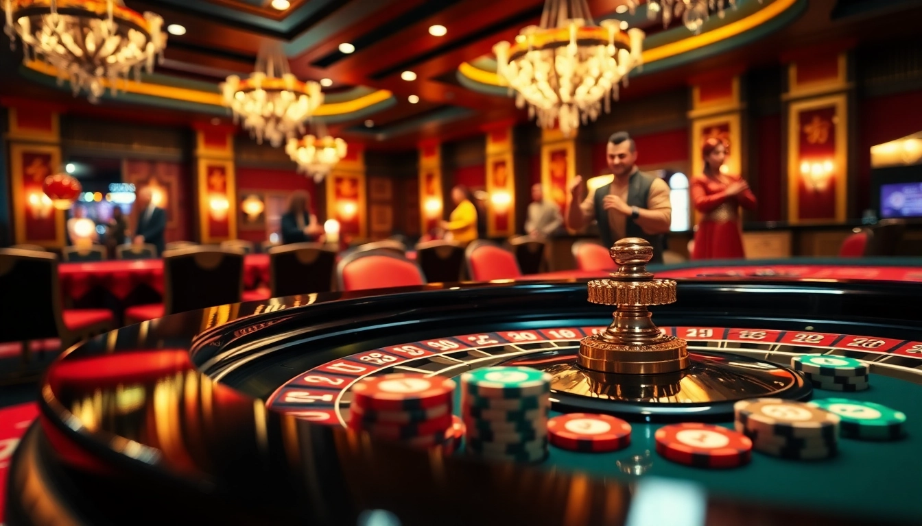 Engaging casino scene showing hoạt hình trung quốc characters enjoying poker and roulette excitement.