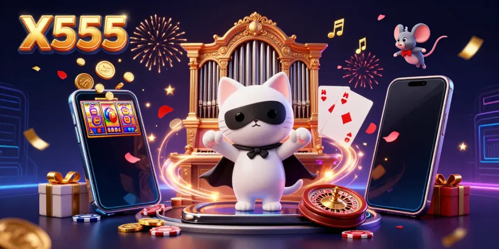 Experience the thrill of X555 with a 3D phantom cat, slot games, and casino elements in a vibrant celebration.