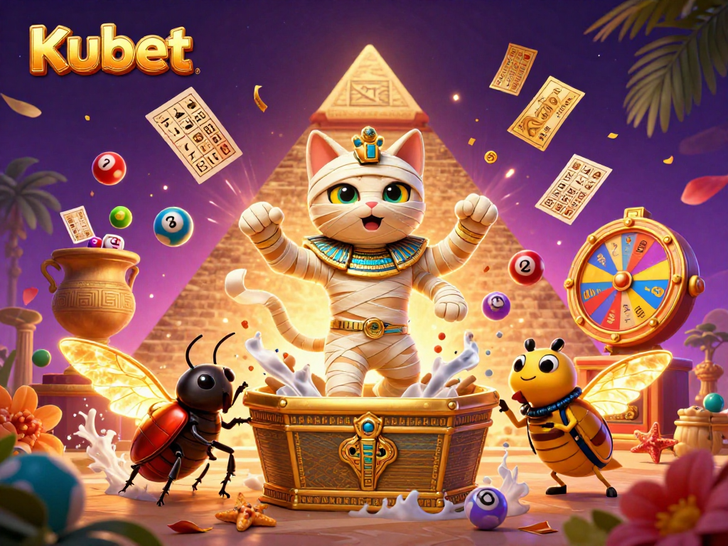 Kubet immerses players in vibrant casino thrills with the Egyptian mummy cat and golden elements.
