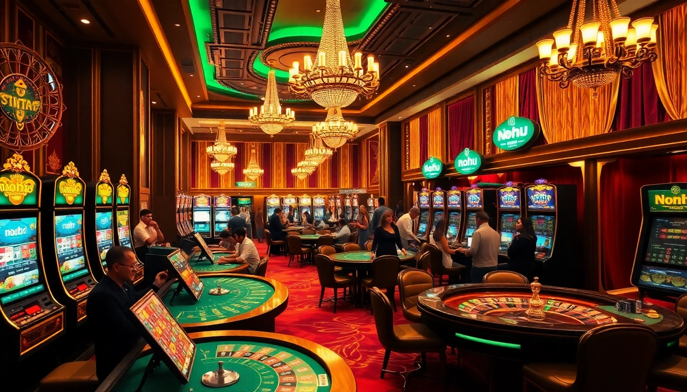Nohu players enjoy a thrilling game night at a luxurious casino with vibrant slot machines.