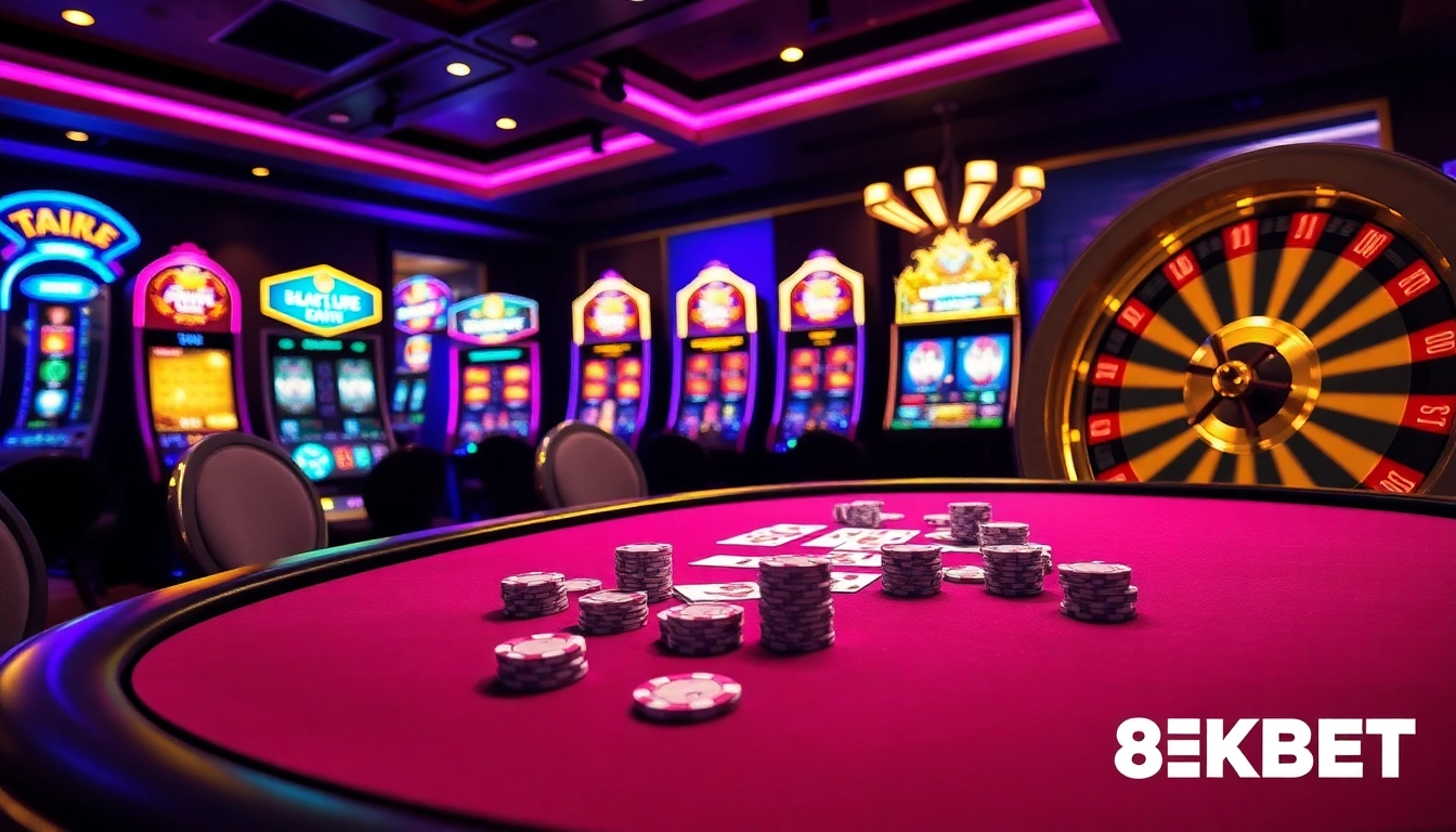 Experience high-stakes gaming at 8KBET with poker chips and cards on a lavish table.