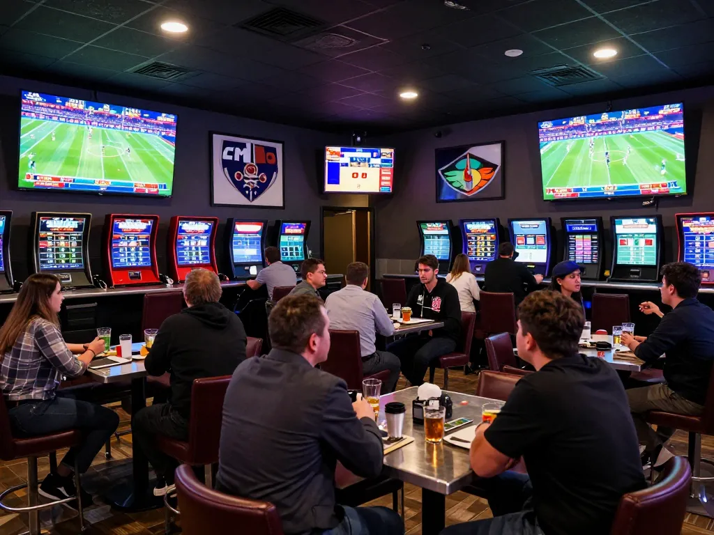 Tỷ lệ kèo nhà cái 5 displayed on screens in a lively sports betting atmosphere