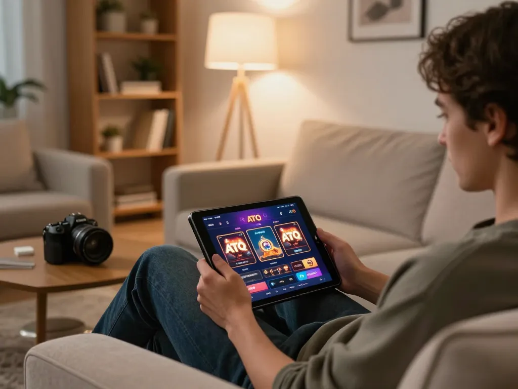 Engaging in online gaming through the ATQ casino app on a tablet in a cozy home setting