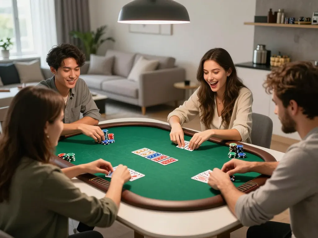 Friends enjoying a thrilling poker game at home while strategizing their next moves with VB88.