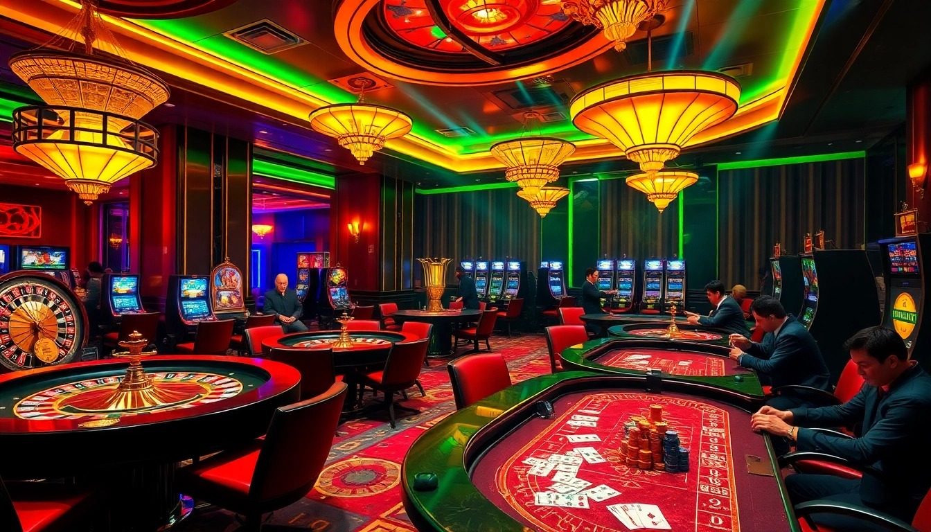 SHBET lừa đảo không? An inviting casino scene showcasing vibrant games, tables, and players immersed in thrilling action.