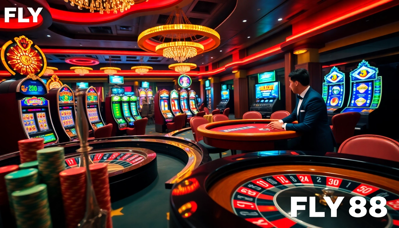FLY88 casino scene showcasing luxurious tables and exciting gameplay for an immersive gambling experience.
