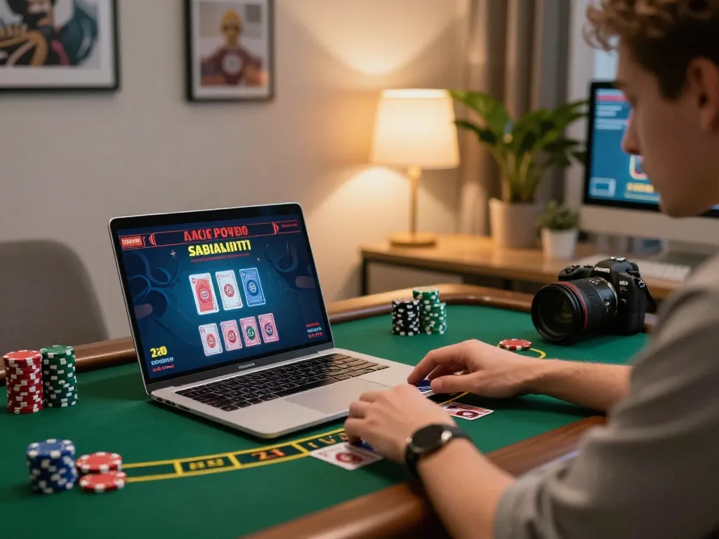 Player engaging with lc88 online blackjack, showcasing a cozy gaming setup with cards and chips on screen.