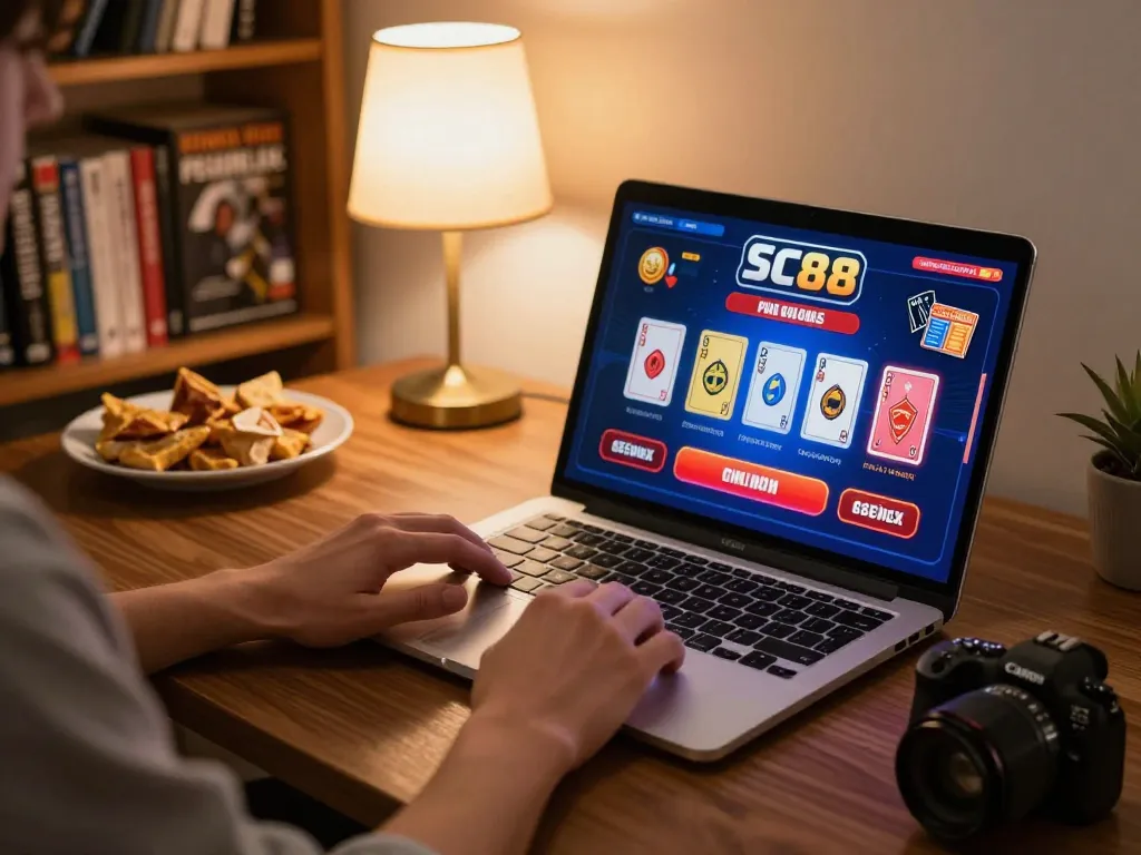 Player engaging with the SC88 online casino gaming interface on a laptop in a cozy setting