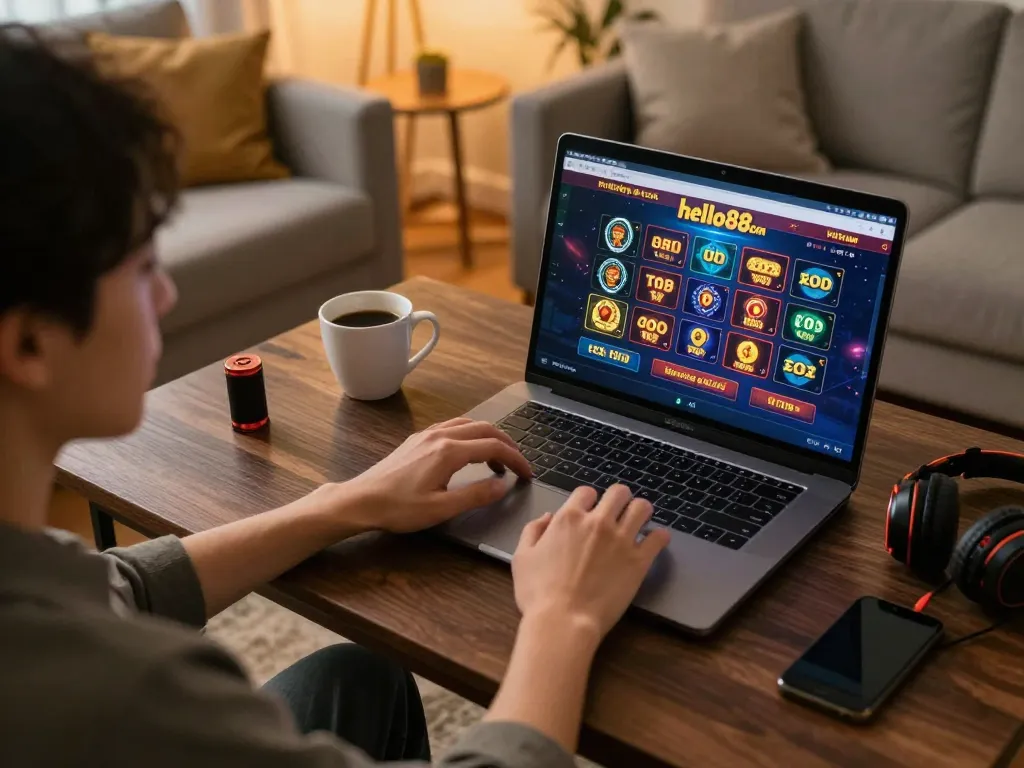 Engaging in thrilling online gaming at hello88 com with a comfortable setup at home