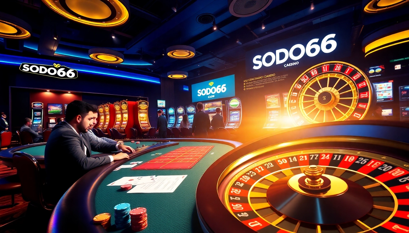 SODO66 players engaging in a thrilling poker game in a vibrant casino setting