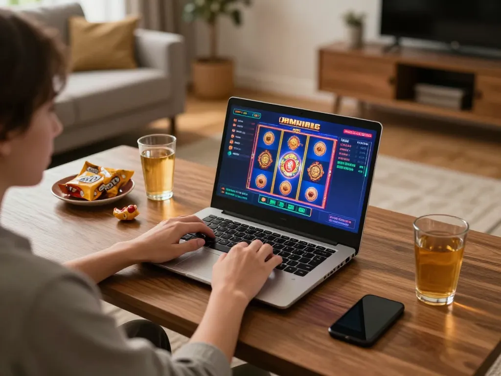 LC88 players enjoy online gaming with vibrant slot visuals and a cozy setup in a warm atmosphere.