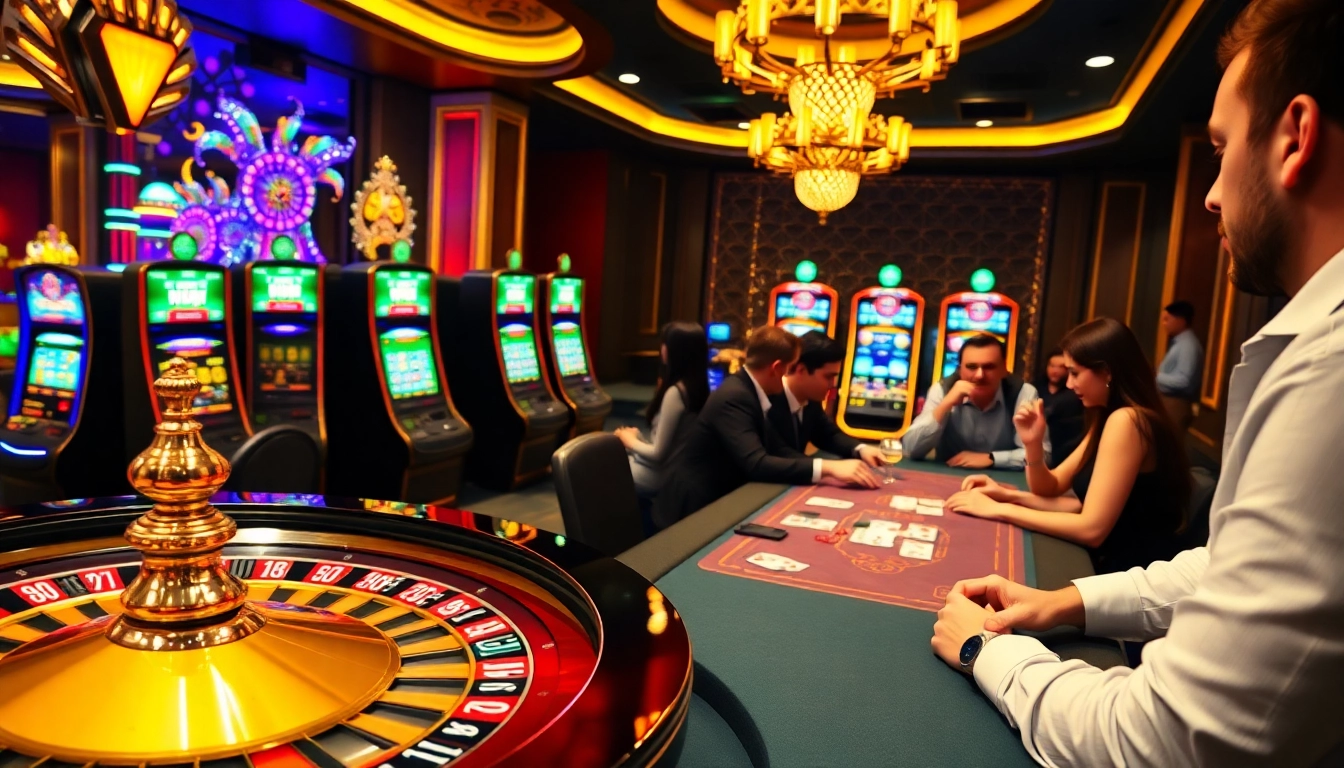 Experience the thrill of online gaming at https://lc88app.com/ with vibrant casino visuals showcasing roulette wheels and slot machines.