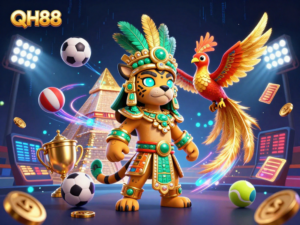 Experience thrilling levels with QH88 in a vibrant 3D casino scene showcasing sports betting dynamics.