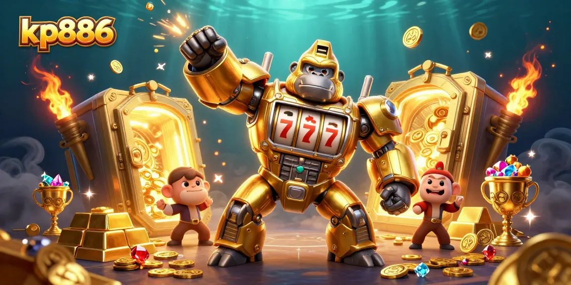 Engage with the vibrant kp886 casino scene featuring a golden gorilla mech bursting with coins.