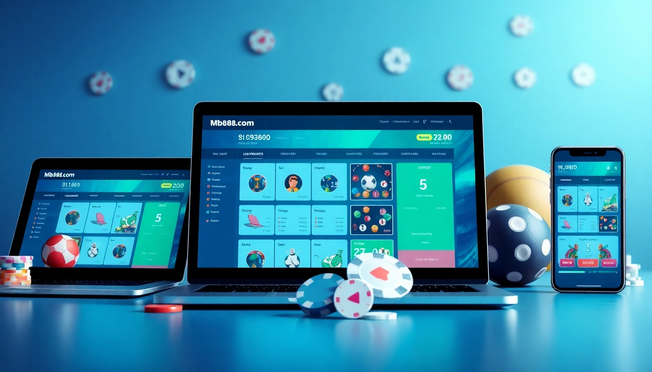 Mb88com user interface illustration showing online gambling features on multiple devices.