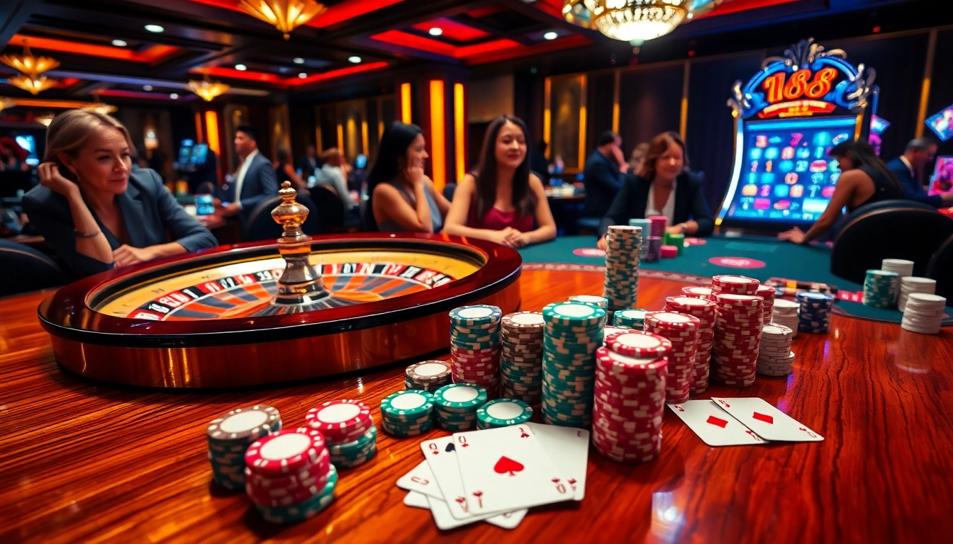 Engaging players at the vibrant NEW88 casino, featuring roulette, poker chips, and a slot machine.