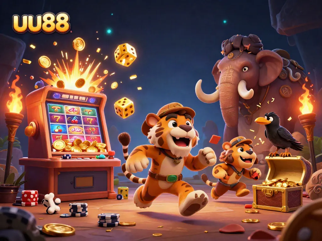 Experience exciting gameplay at uu88 with vibrant 3D characters from a dynamic prehistoric casino.