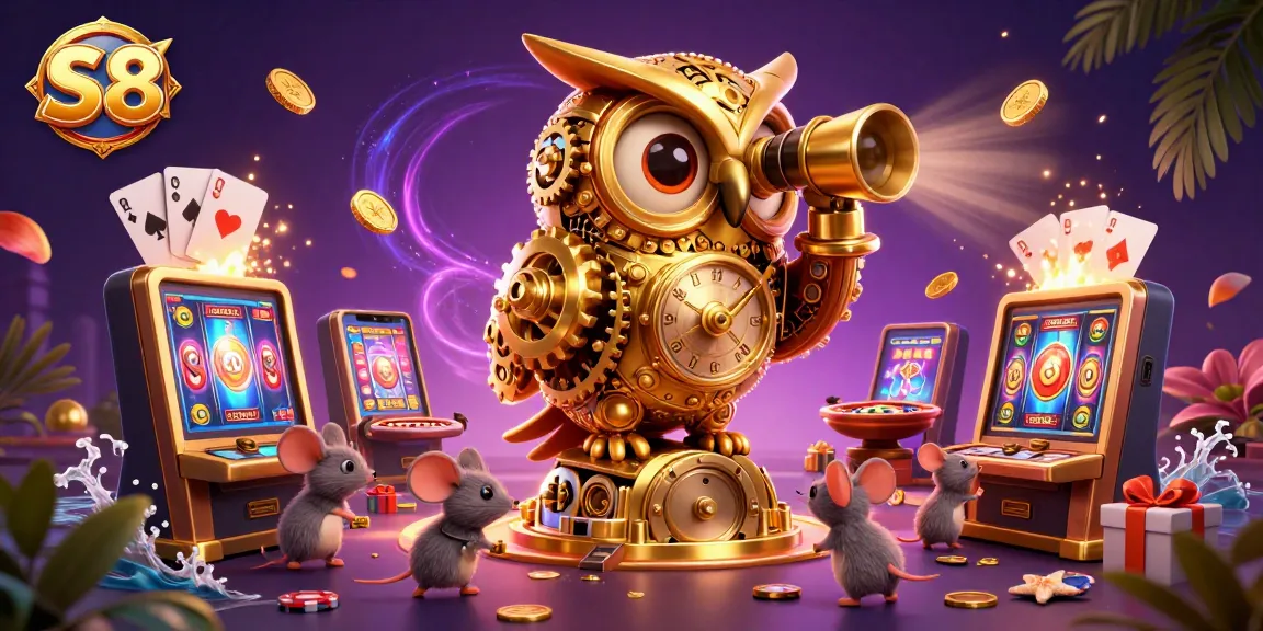 Experience thrilling gameplay with S8's vibrant casino scene featuring a golden owl and fun game elements.