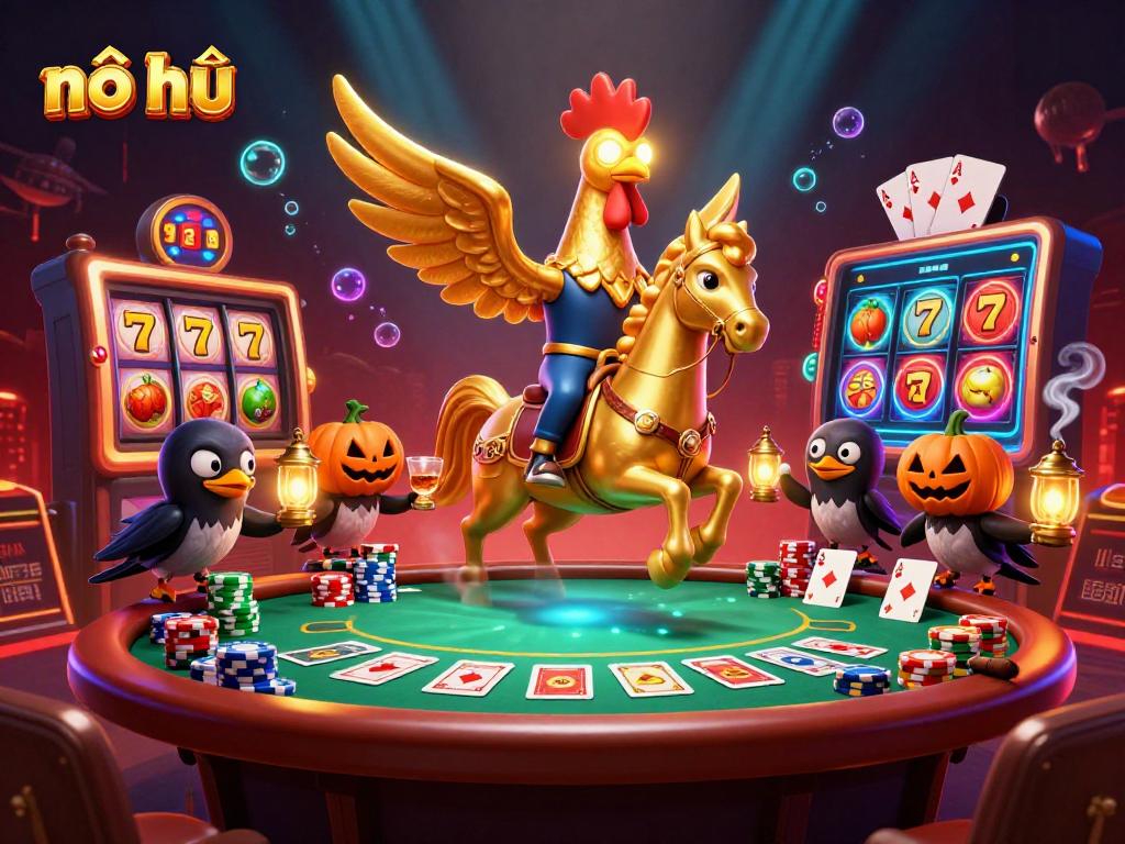 Spin the nổ hũ jackpot reels with golden rooster characters in a vibrant casino atmosphere.