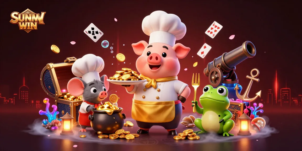 SUNWIN delivers exciting casino thrills featuring a chef pig serving gold coins surrounded by vibrant game elements.