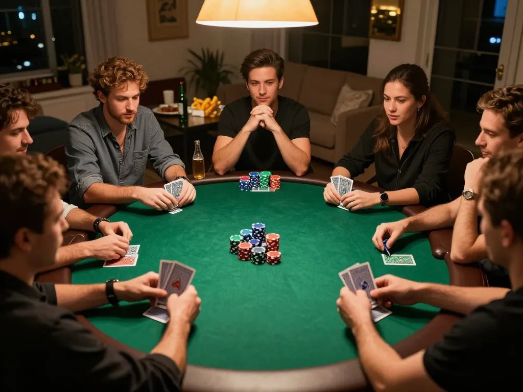 Engaging home poker game featuring players strategizing with soibetzz, colorful chips, and warm atmosphere