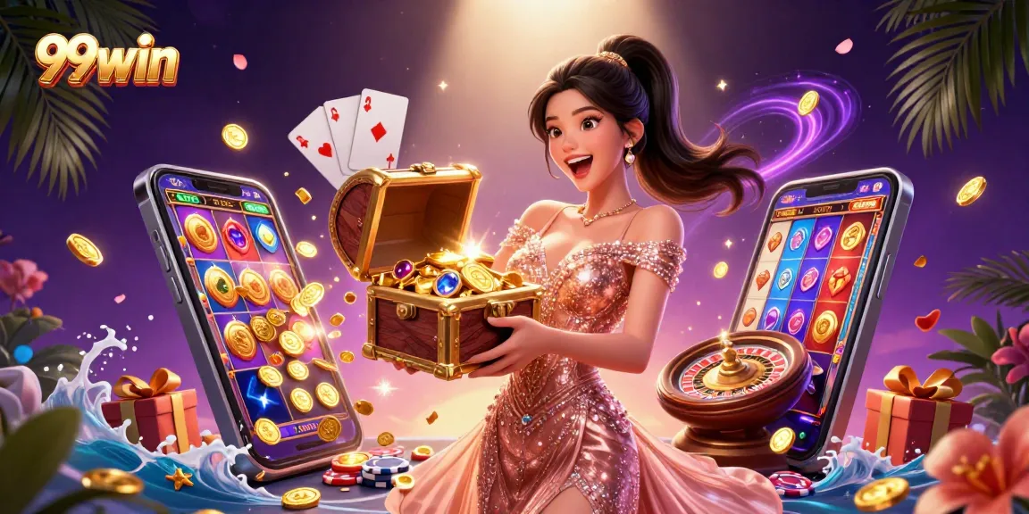 Win big with 99win as a joyful woman showcases treasures in a vibrant casino scene.