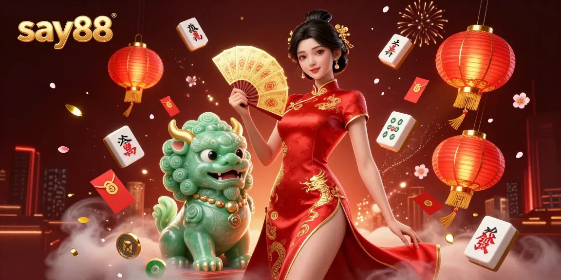 Experience excitement with say88 as an elegant woman plays cards surrounded by festive elements.