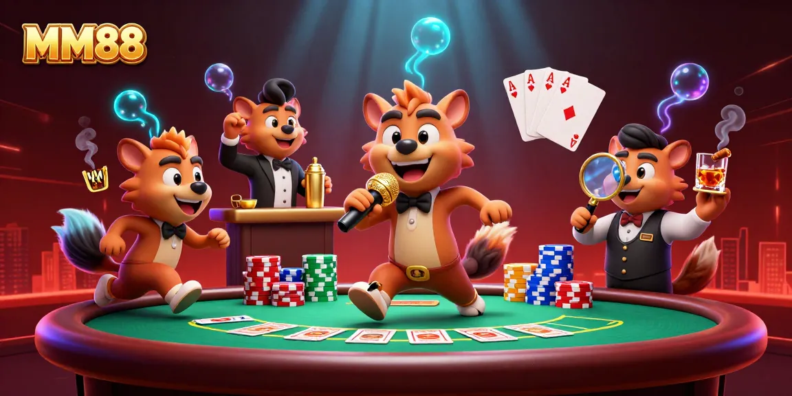 MM88 hyenas engaging at the comedy casino club, showcasing vibrant gaming elements.