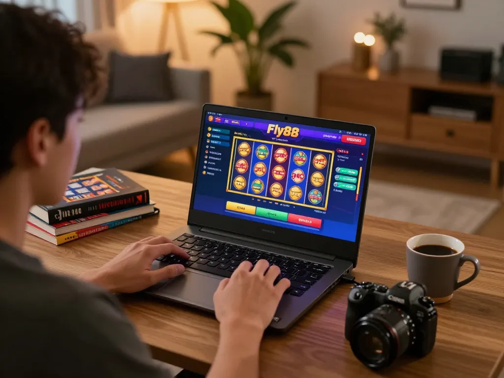 Engaged player using Fly88 casino app on laptop in a cozy home environment
