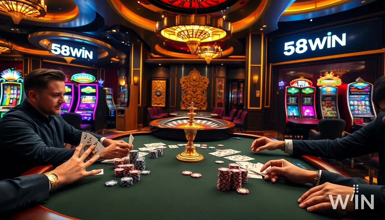 Experience the thrill of winning at 58WIN's upscale poker table with vibrant chips and exciting gameplay.