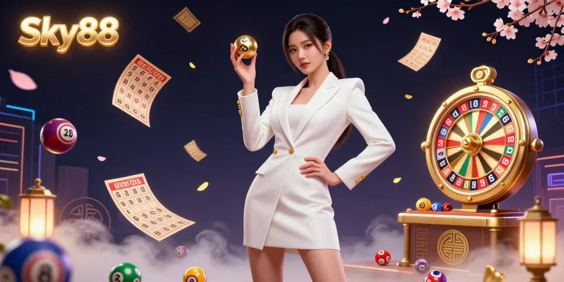 Experience thrilling gaming with Sky88, featuring a stunning Asian model in a luxe casino setting.