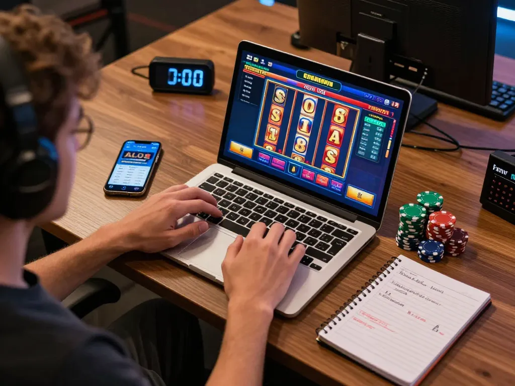 Player engaging in online gaming at ALO8 with colorful poker chips and strategic notes