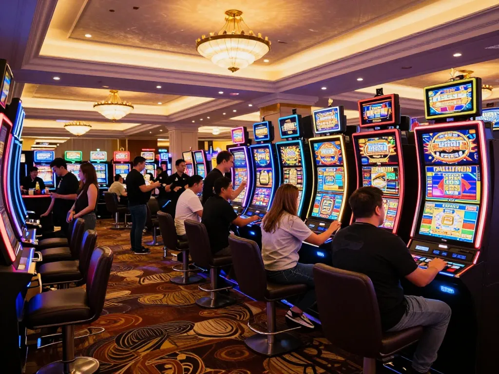 A diverse crowd enjoying engaging gameplay at five88so casino, vibrant atmosphere filled with colorful slot machines and live action.