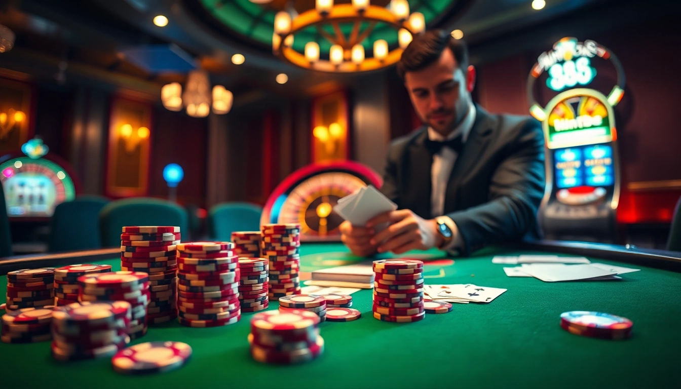 Mint88 poker table scene showcasing vibrant chips and cards for thrilling gameplay.