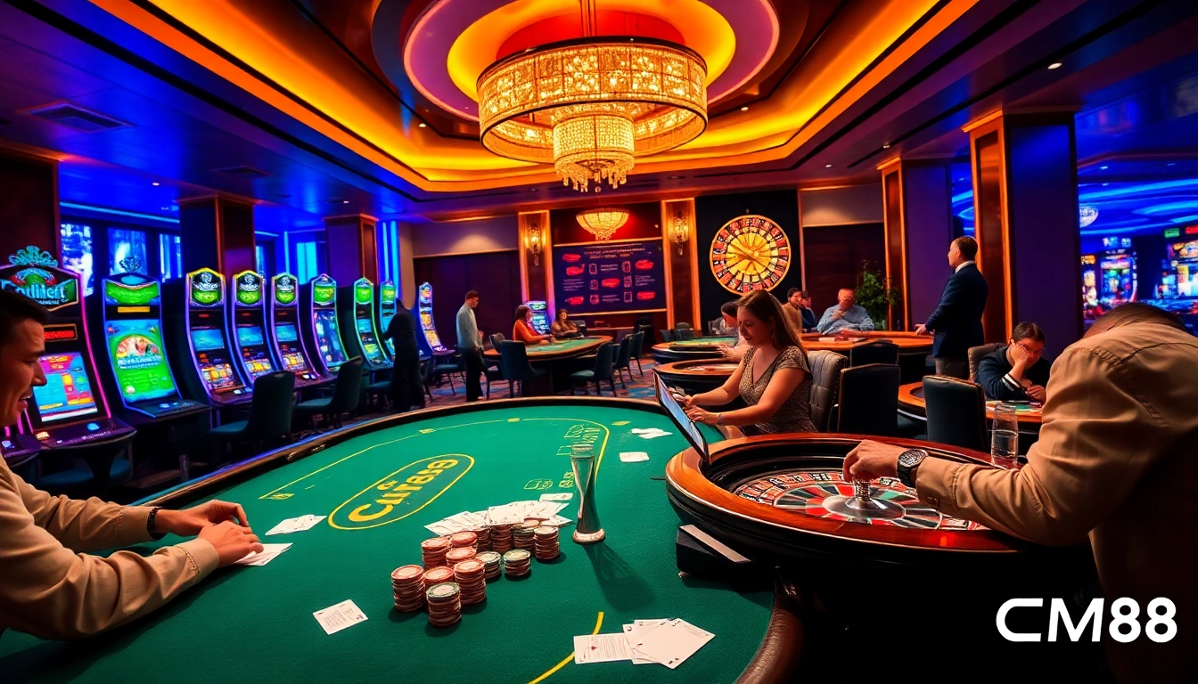 Exciting gambling action at Nhà Cái CM88 featuring vibrant casino tables and slot machines.