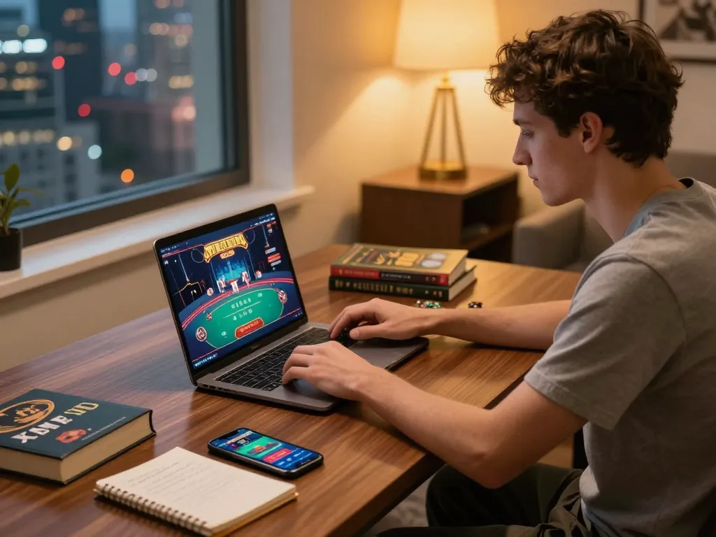 Engage in online poker gameplay with 79KING on a stylish desk setup, showcasing laptop and casino apps.