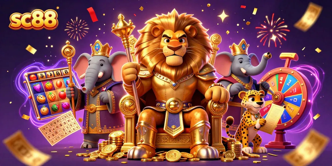 Join the excitement of sc88 with the lion king on a throne amidst vibrant slots and jackpots.