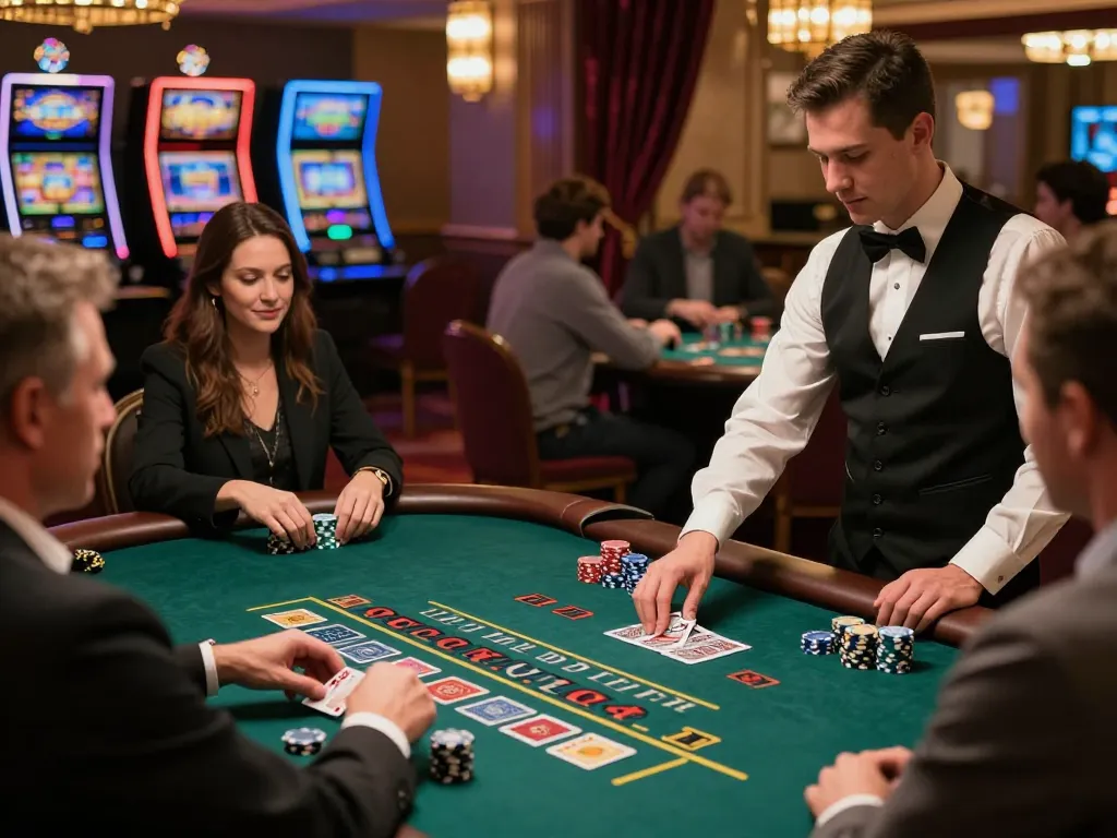 Players strategizing and placing bets at a blackjack table in the vibrant ve88 casino atmosphere.