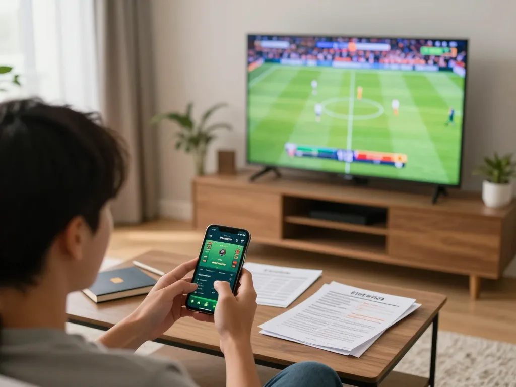 nhandinhkeonhacai user engaging with a live sports betting app in a modern living room.