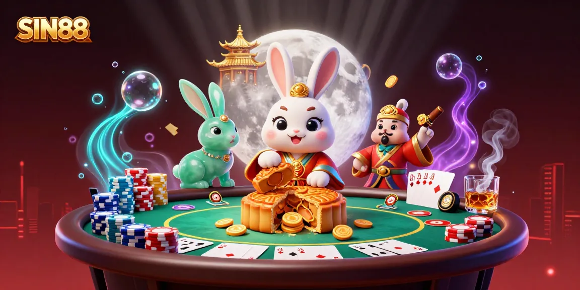 SIN88 moon rabbit illustration cracking mooncakes revealing poker chips in a dynamic casino scene