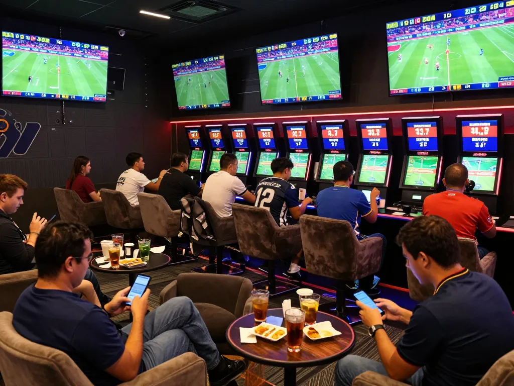 Engaged bettors analyzing kèo bóng đá at a lively sportsbook with multiple screens and a premium setting