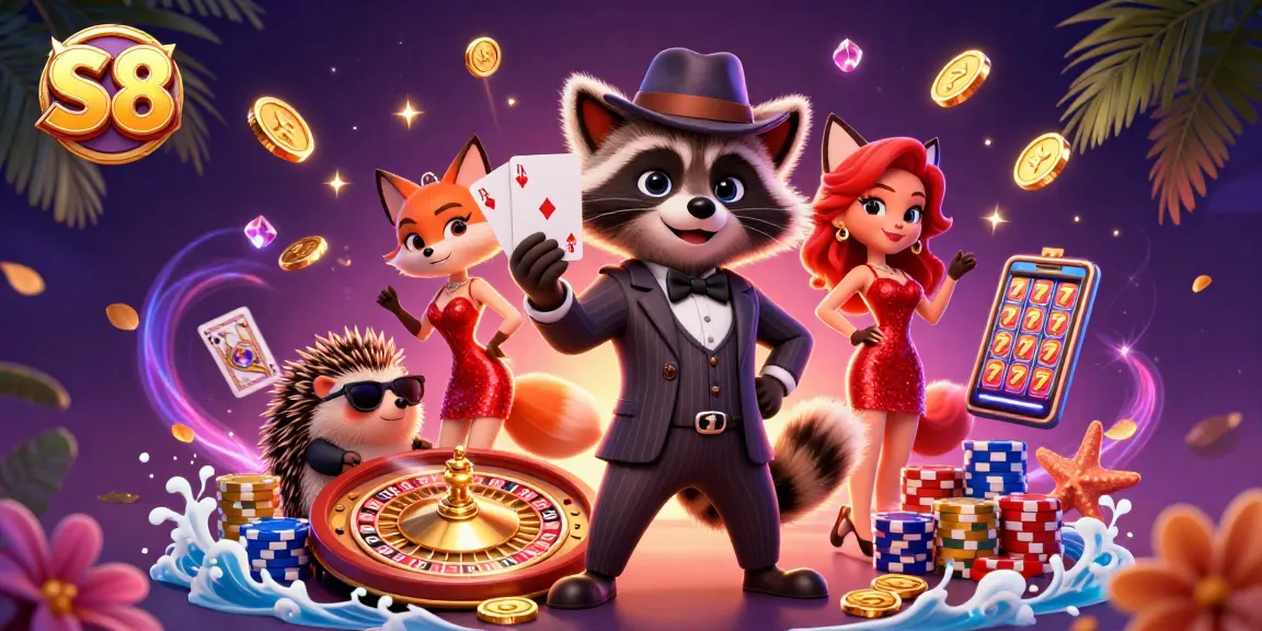 Experience thrilling gameplay at S8 with a raccoon holding a royal flush and a vibrant casino scene.
