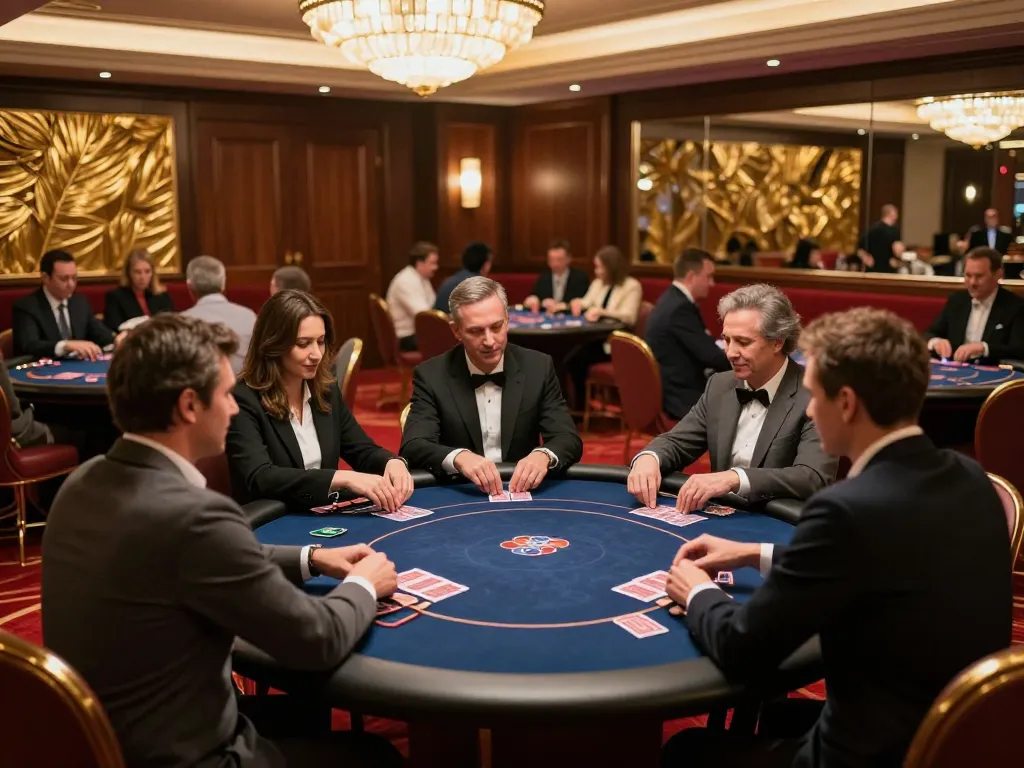 Engaged players at a VIP poker table strategizing their bets in a luxurious casino enhancing their incakoin gaming experience.