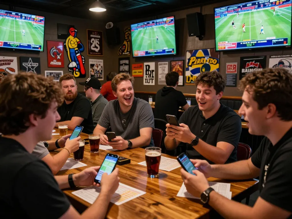 Fans engaging in thrilling vin777 sports betting at a lively bar, surrounded by cheering crowds and screens displaying live games.