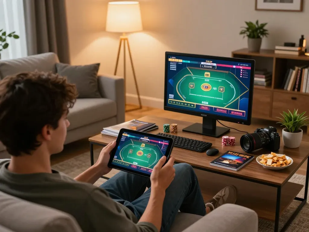 Player enjoying online poker on 23win from a cozy living room setup with tablet and snacks.