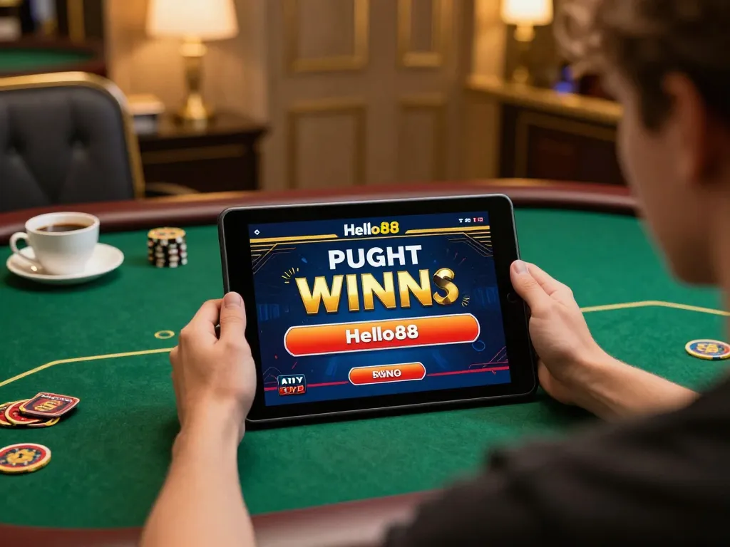 Hello88 player celebrating a big win on tablet in stylish gaming setup.