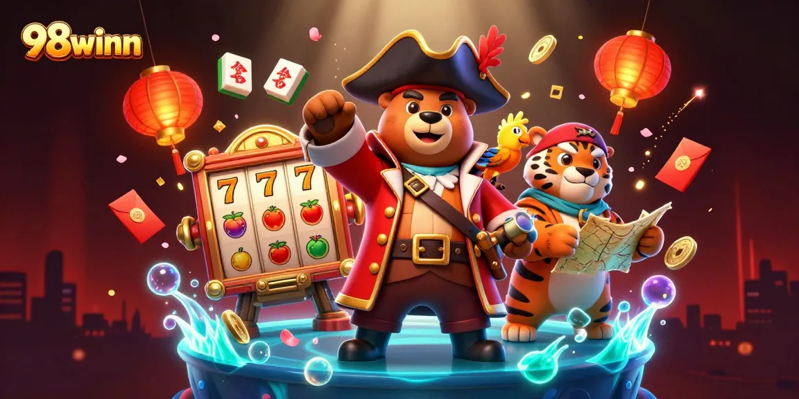 Experience thrilling action at 98winn with a vibrant casino scene featuring animated slot reels and lively characters.