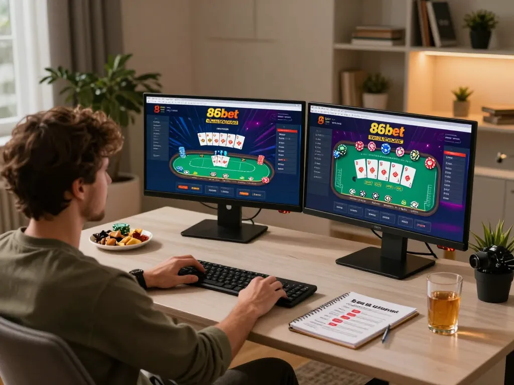 Engaging online poker gameplay on 86bet with vibrant display and cozy home setup.