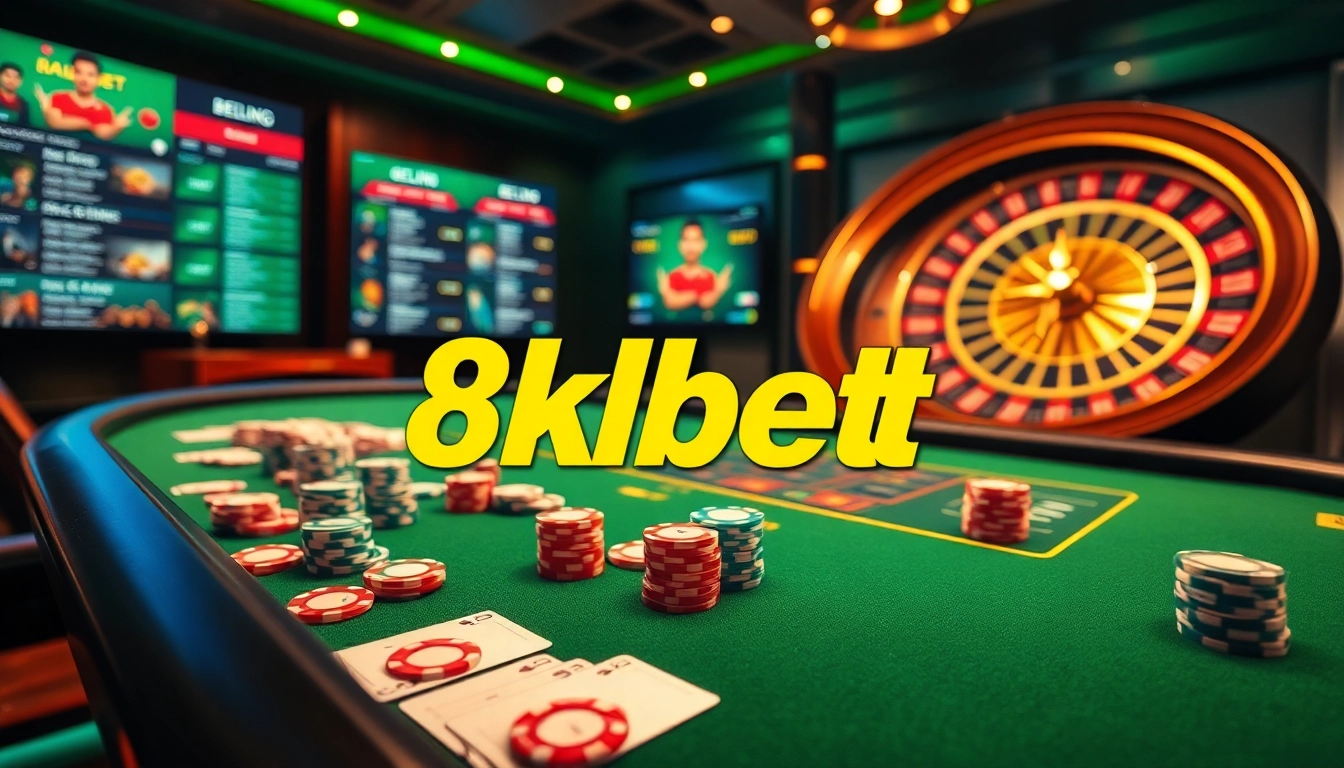 Experience the excitement of 8kbet with a luxurious online casino scene featuring casino tables and games.