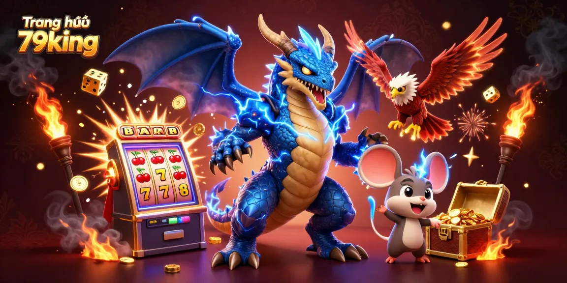 Engage with dynamic gaming excitement at Trang chủ 79king featuring vivid illustrations of dragons and slot machines.